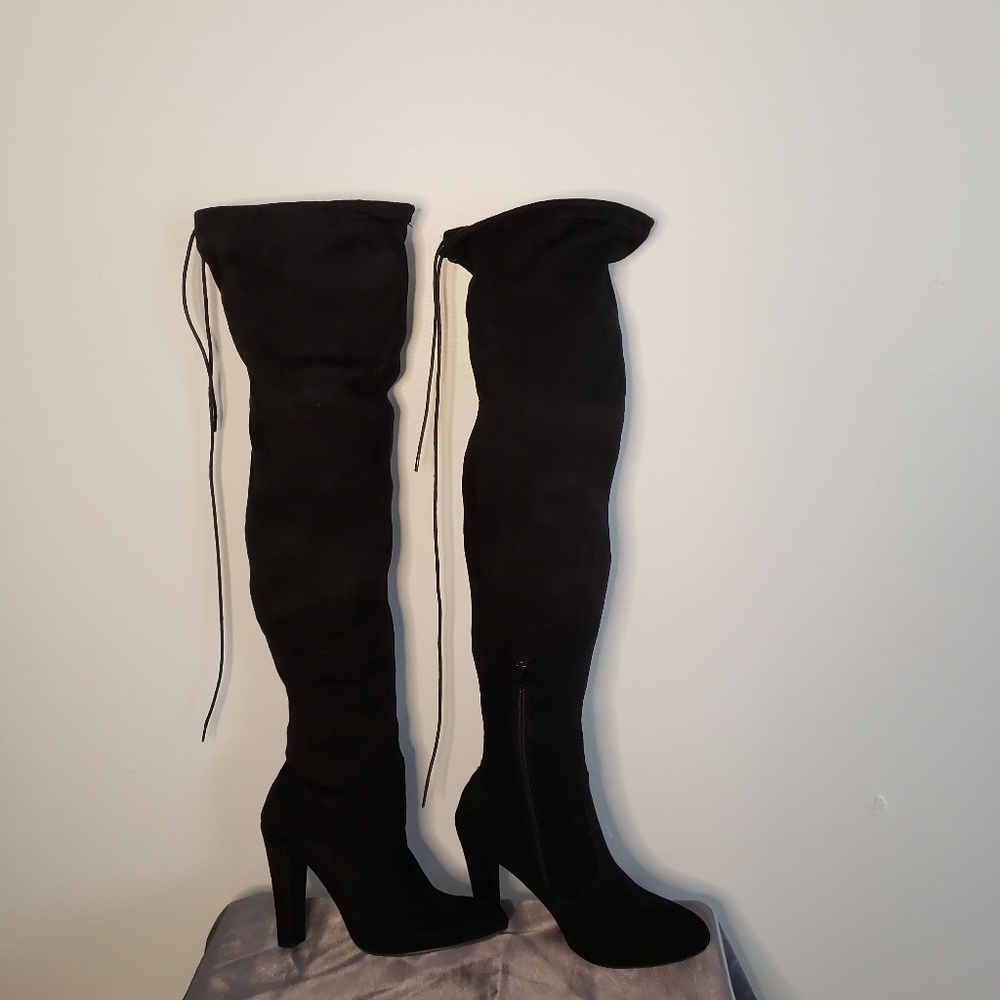 Forever 21 Sz 10 Black Over the Knee Heel Boots Faux Sueude